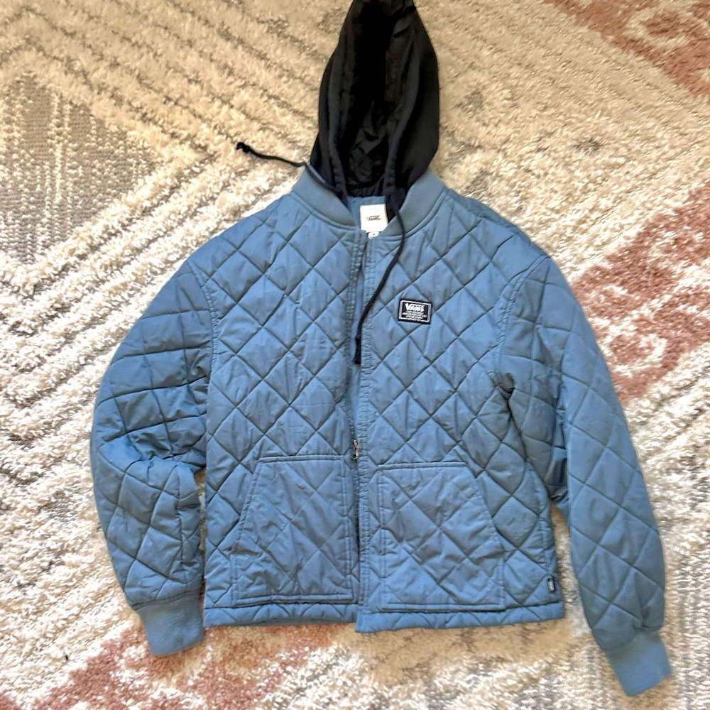 Vans Diamond Quilted Smoke Blue Bomber Jacket with Black Hood - Picture 2 of 7